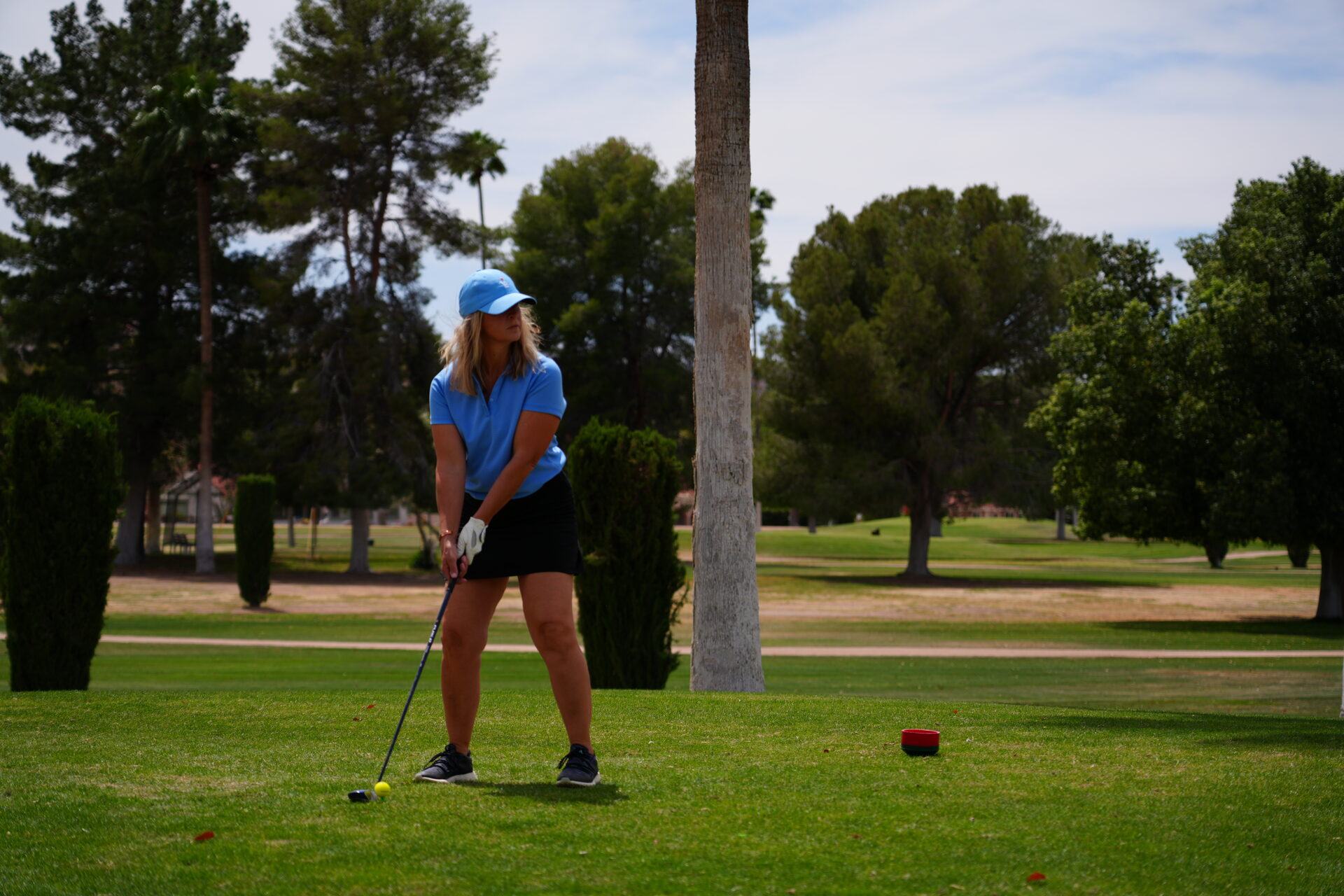 Golfer teeing off on a wide palm-lined fairway on the front nine at Queen Valley